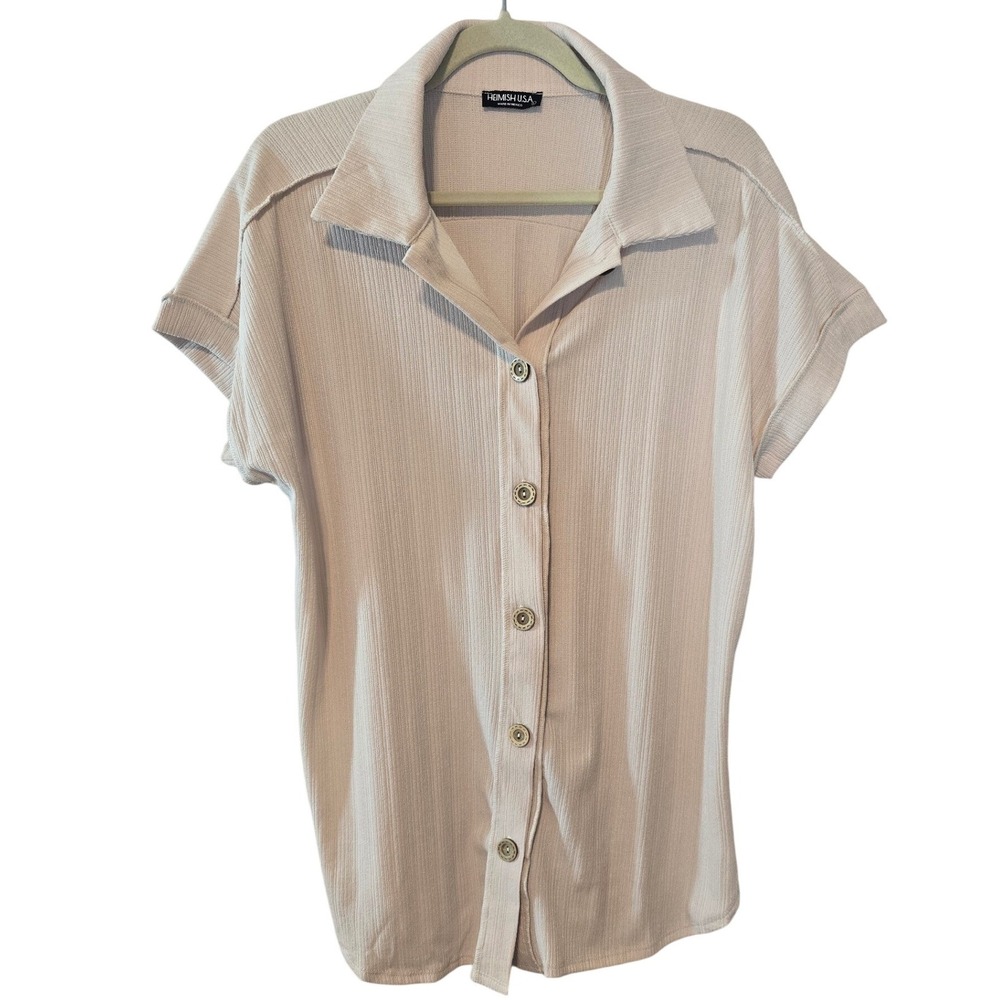 Heimish USA Womens Beige Ribbed Button Down Short Sleeve Top ET7806-12 Large